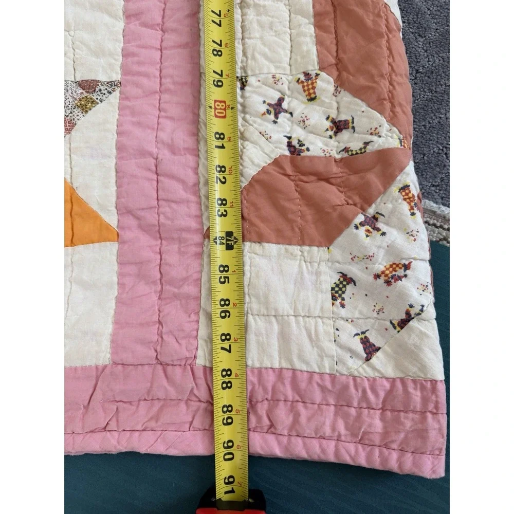 Vintage Hand Quilted Pinwheel Star Quilt 78x90 Handmade Feedsack c.1940s